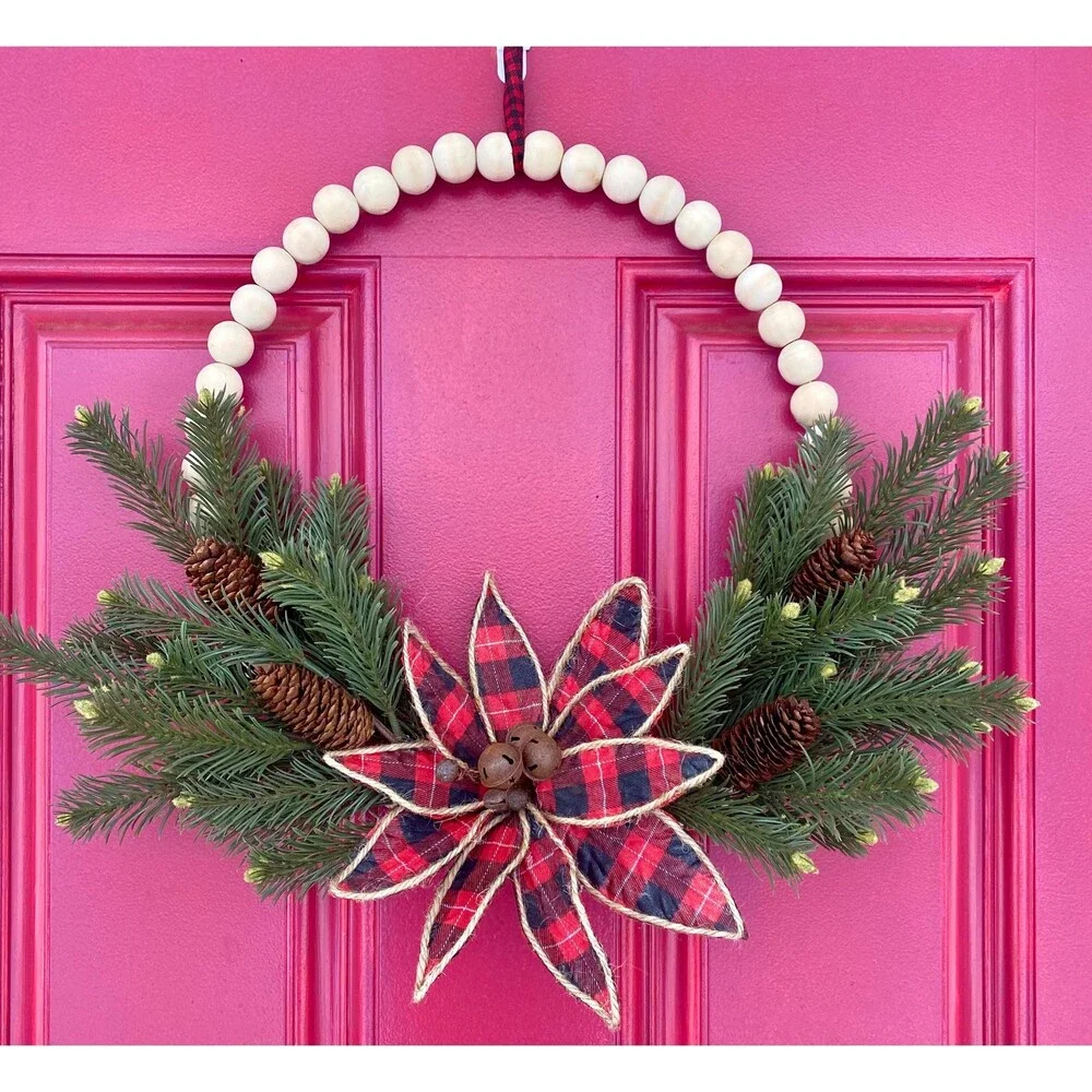 Plaid Christmas Beaded Wreath, Holiday Beaded Plaid Wreath, Bells, Pinecones